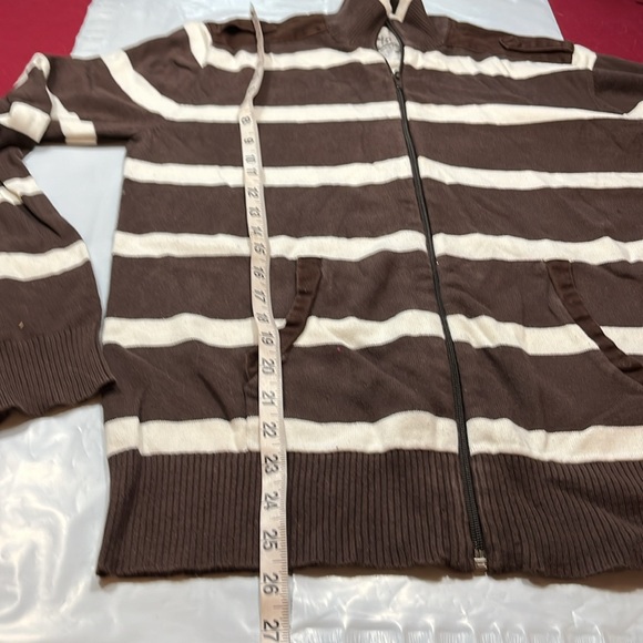 BROWN GUESS USA cream striped Sweater full ZIP up Pockets mock neck mens large L - Picture 13 of 16